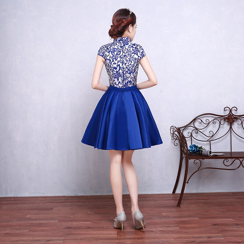 Qipao-Vestido corto de satén con cuello mandarín para mujer, Vestido corto plisado, Azul Real, estilo chino, tallas S, M, L, XL, XXL y A-121