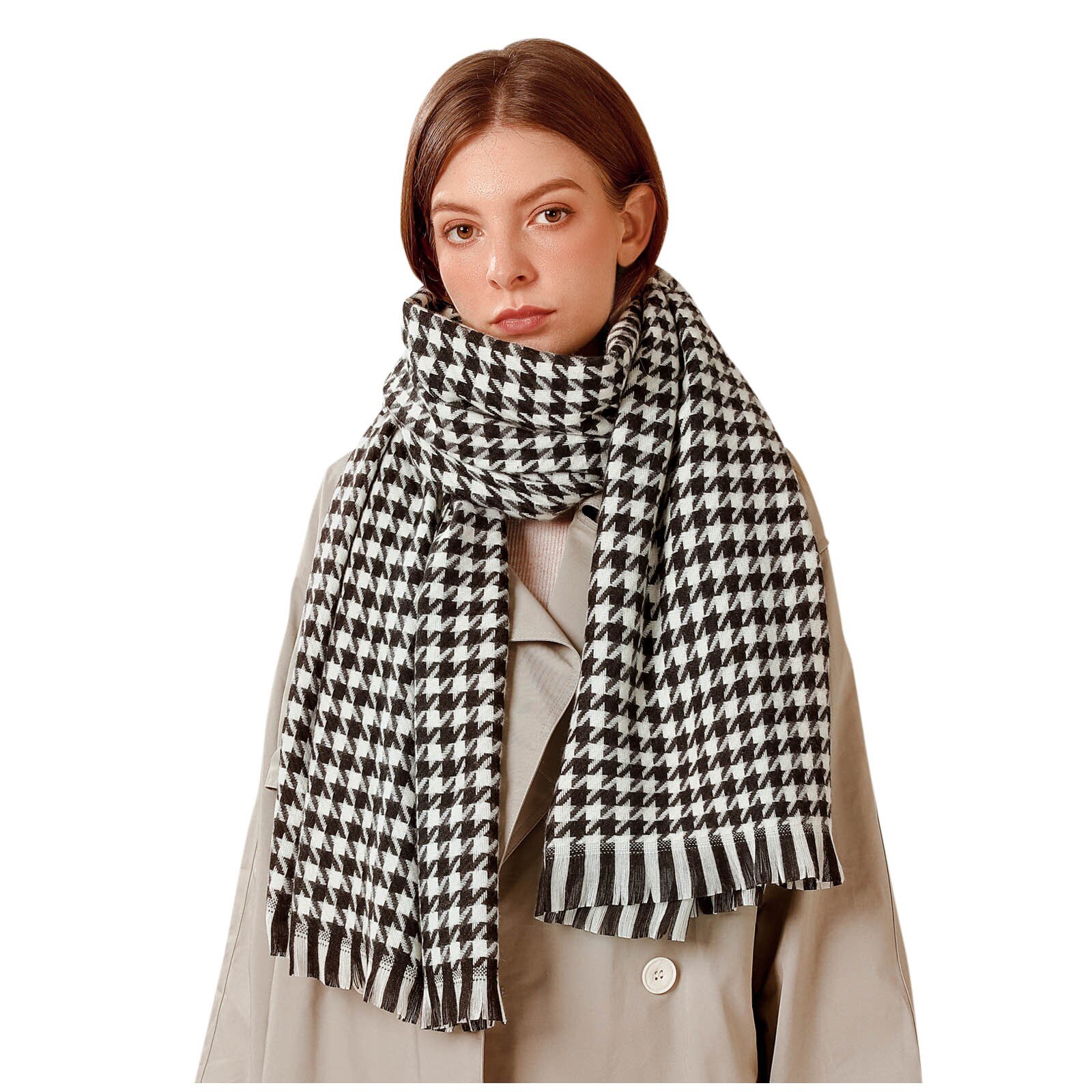 Femmes couverture écharpe Plaid noir blanc pied de poule impression silencieux hiver doux foulards épais longs Pashmina châles D17: A