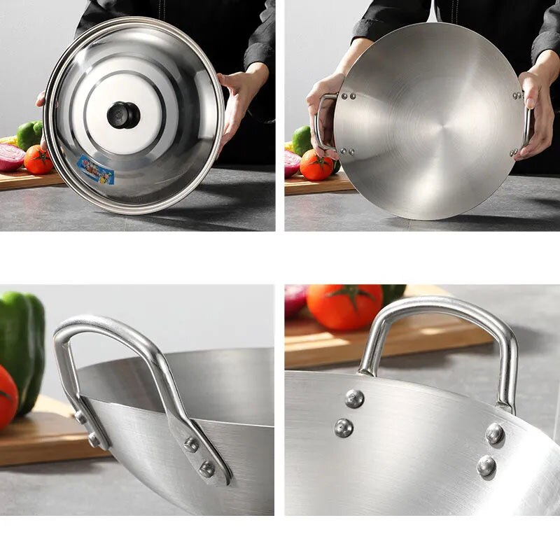 Stainless Steel Non Stick Wok Chinese Handmade Wok Double Ear Chef Fry Wok Gas Cooker Non Coating Round Bottom Cooking Woks