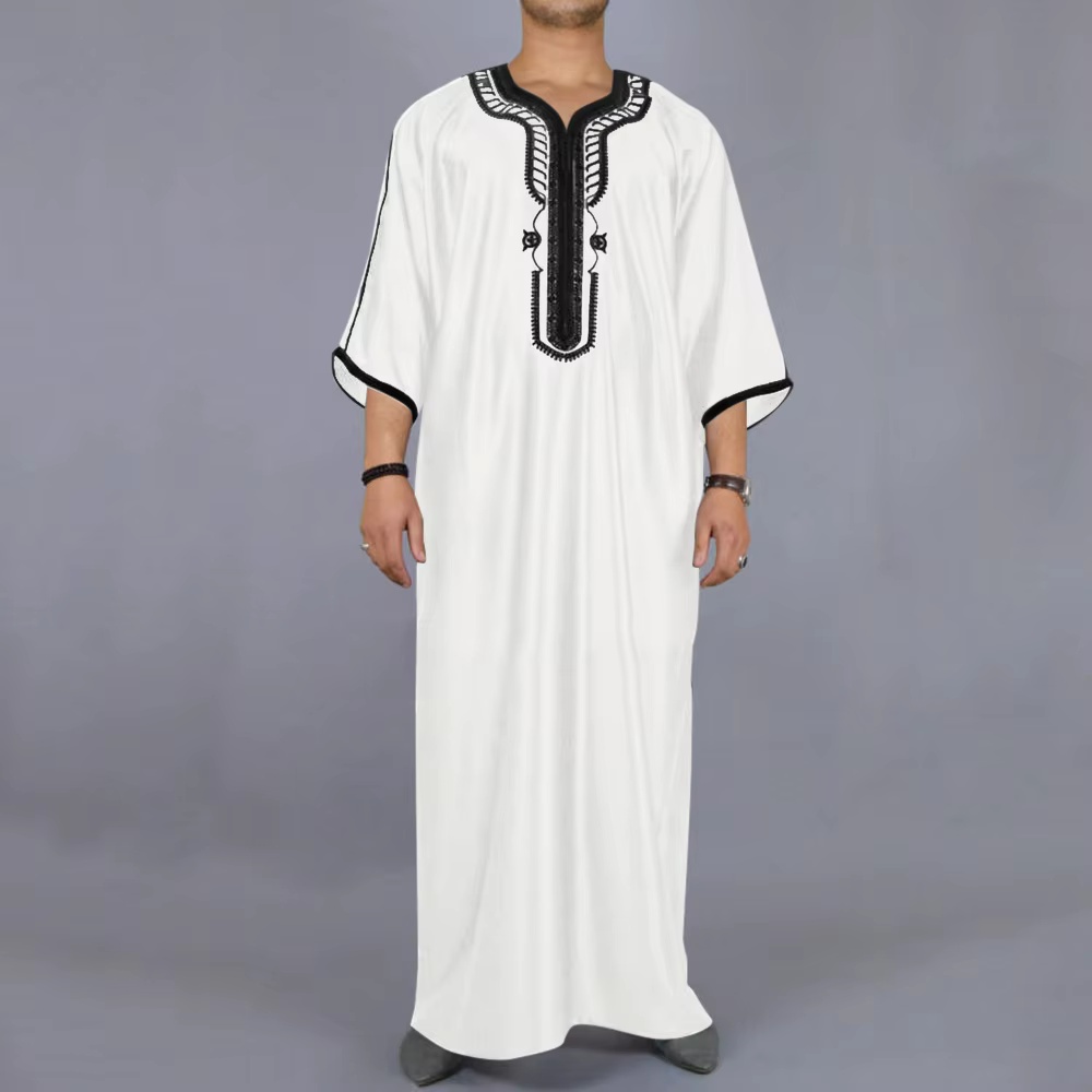 Bata de lujo musulmana de estilo marroquí para hombre, bata exclusiva tradicional Eid al Fitr, bata holgada con bordado simple para hombre: S / Blanco