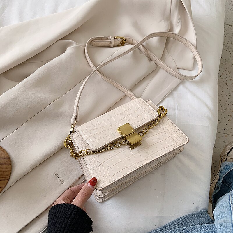 Krokodilmönster ladeis väskor pu läder crossbody väskor för kvinnor sommar kedja små axel handväskor kvinnliga väskor: Beige