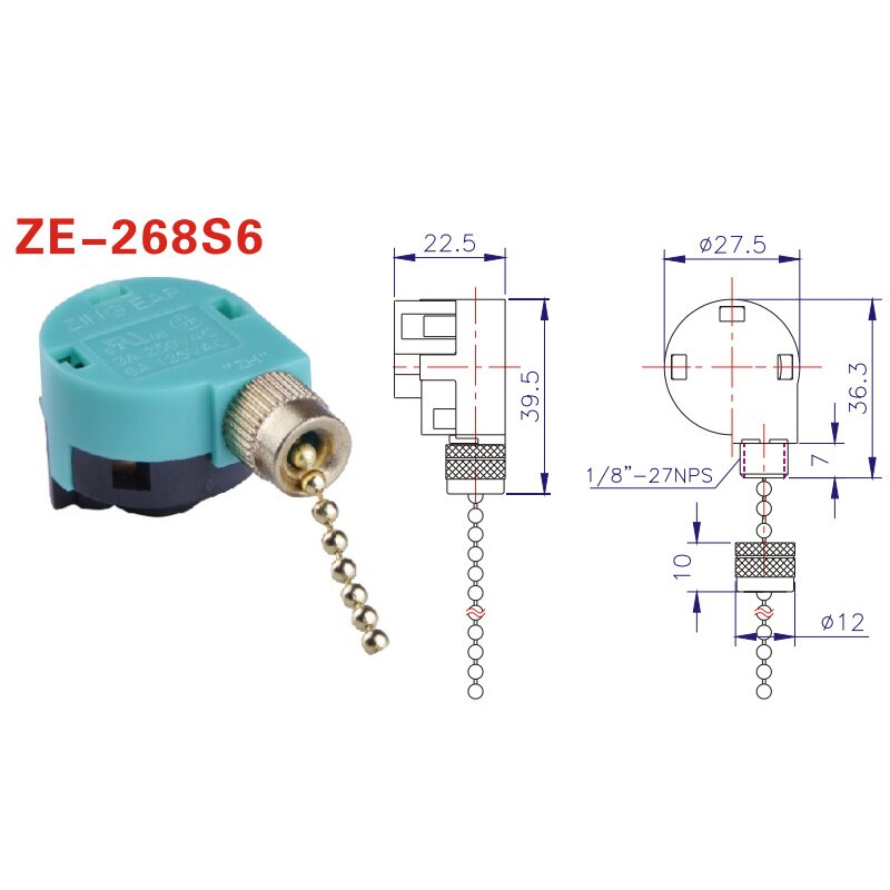 Ceiling Fan Switch 3 Speed 4 Wire Zing Ear ZE-268S6 Fan Pull Chain Switch Replacement Speed Control Switch