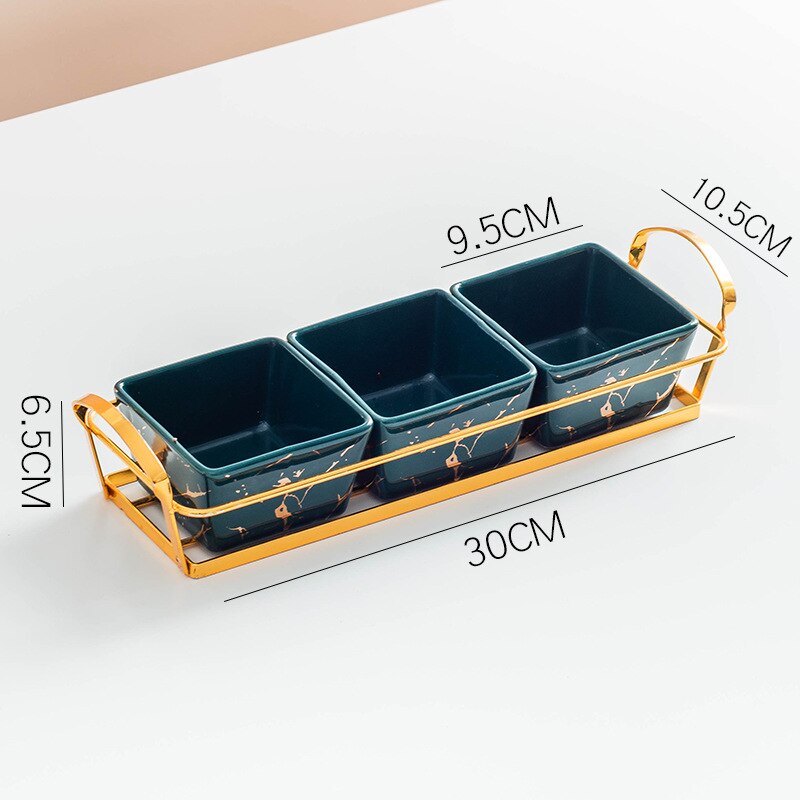 Plato de fruta dividido de cerámica, vajilla de lujo ligera para aperitivos, sala de estar, plato de fruta seca, plato de fruta para postre: 3 grid-bronze green