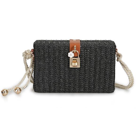 Mini box stroh tasche frauen tragen sommer rattan handtasche woven strand kreuz körper tasche weiblichen schloss handtasche mit blumen: Black