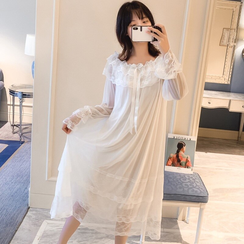 Vrouwen Lolita Night Jurk Prinses Nachtkleding Multilayer Kant Mesh Romantische Vintage Victoriaanse Nightgowns Nachthemd Lounge Wear: WHITE / Xl