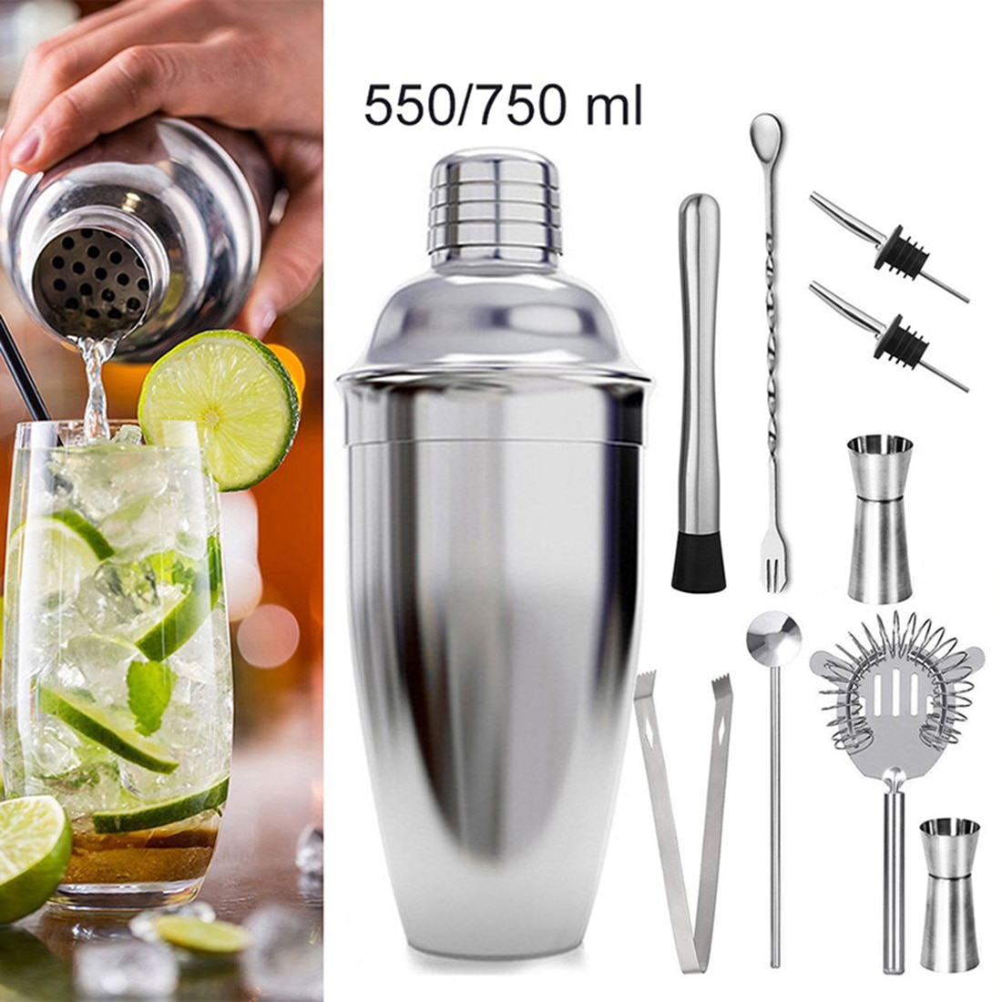 550Ml/750Ml Rvs Bar Cocktail Shaker Set Bar Party Barman Tool Met Wijnrek Stand Set tool