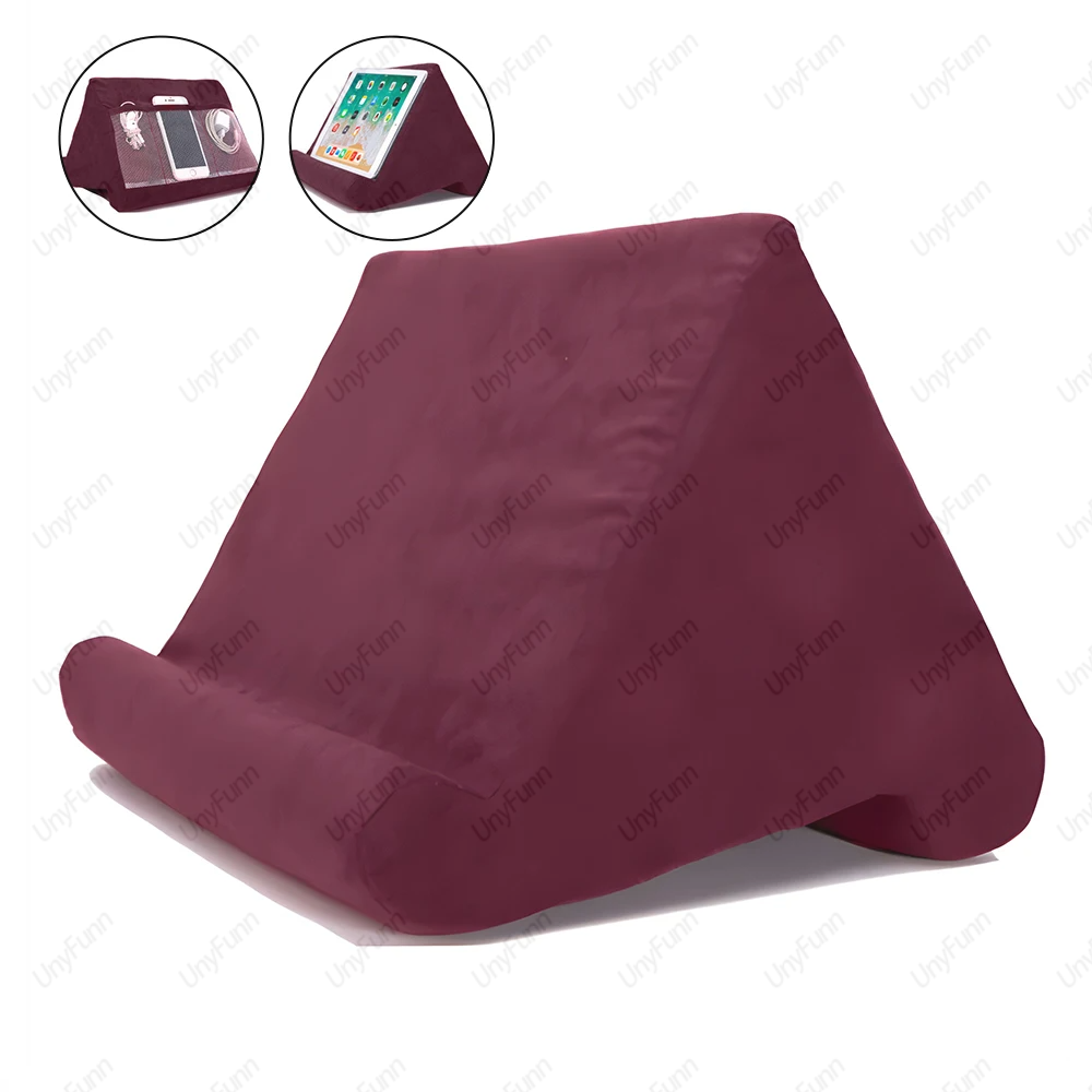Zachte tabletkussenshouder met kabelzak Pad Tabletbeugel Dock voor schootbed en bureau voor iPad Telefoon Kindle Leesstandaard: Rood