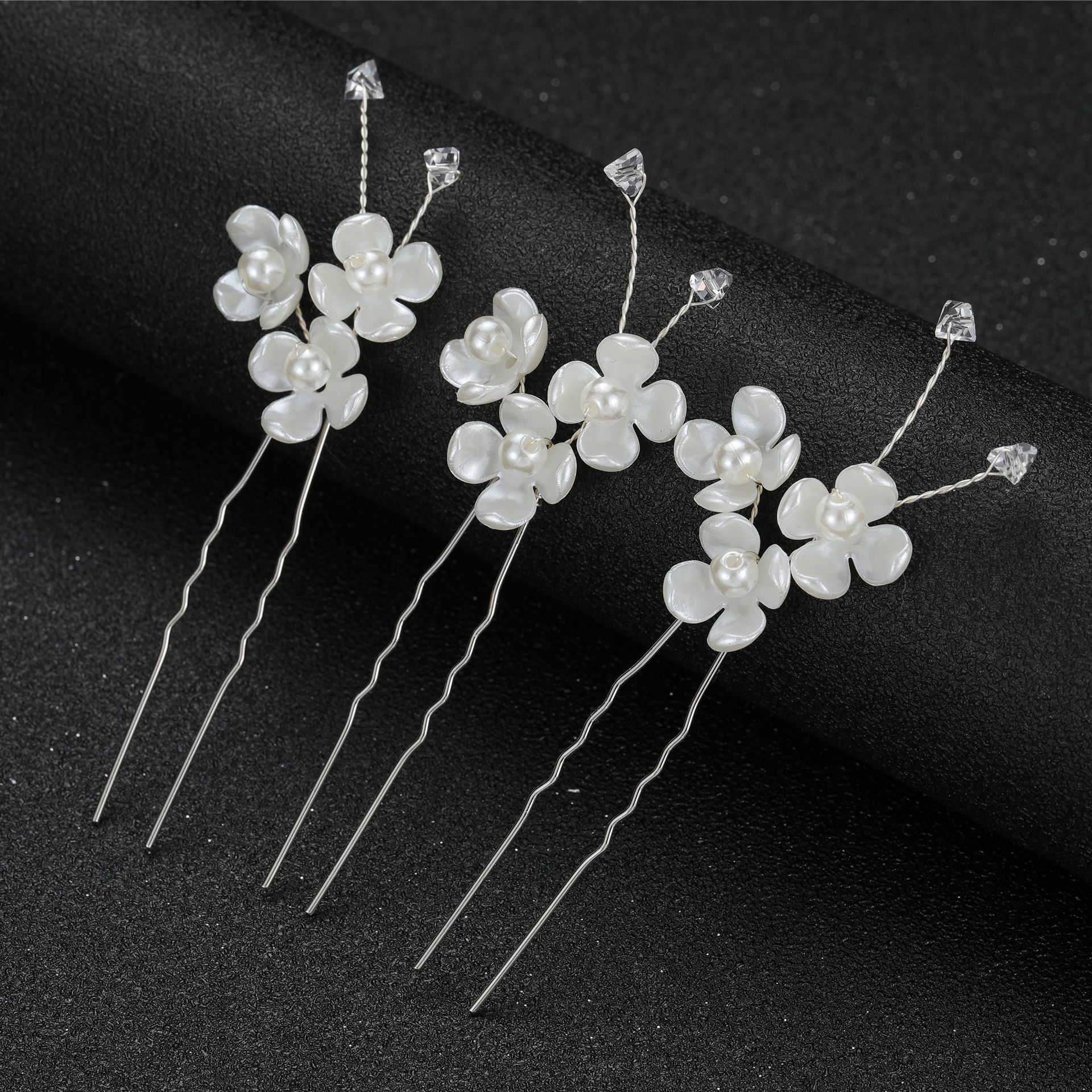 Horquilla en forma de U de flor blanca para mujer, 3 piezas, pinzas para el pelo elegantes, accesorios de joyería para el cabello, adornos para la cabeza de boda: Chapado en oro antiguo