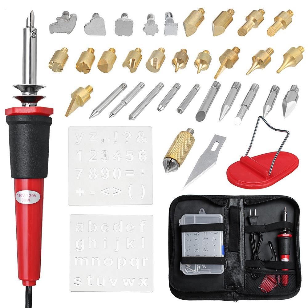 Edelstahl Multifunktions dauerhaft Elektrische Lötkolben Holz Brennen Bausatz Gravur Stift Brandmalerei Werkzeug umdrehen Wort: 37Stck uns Stecker