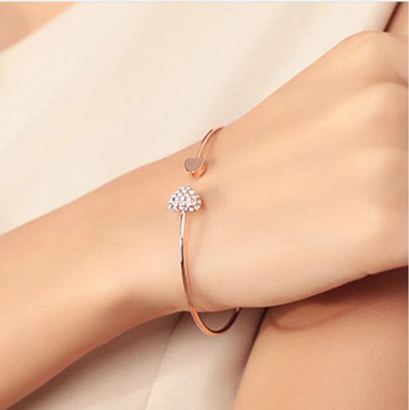 Bracelet à Double cœur réglable en cristal, nouvelle coréenne, or Rose, pour femmes et filles,