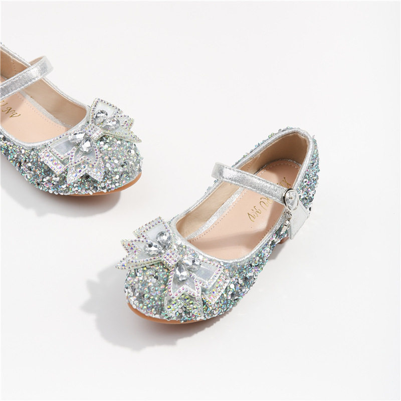 Girls high heel party shoes kids pink rhinestone single shoes fall kid's bow silever princess contracted high heels