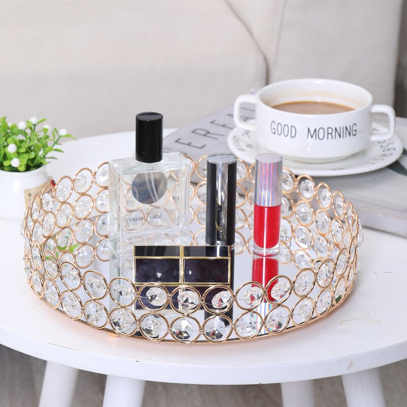 Bandeja redonda de cristal para decoración, bandeja de lujo para servir, mesa de Metal para almacenamiento de maquillaje, platos para decoración de baratija de boda