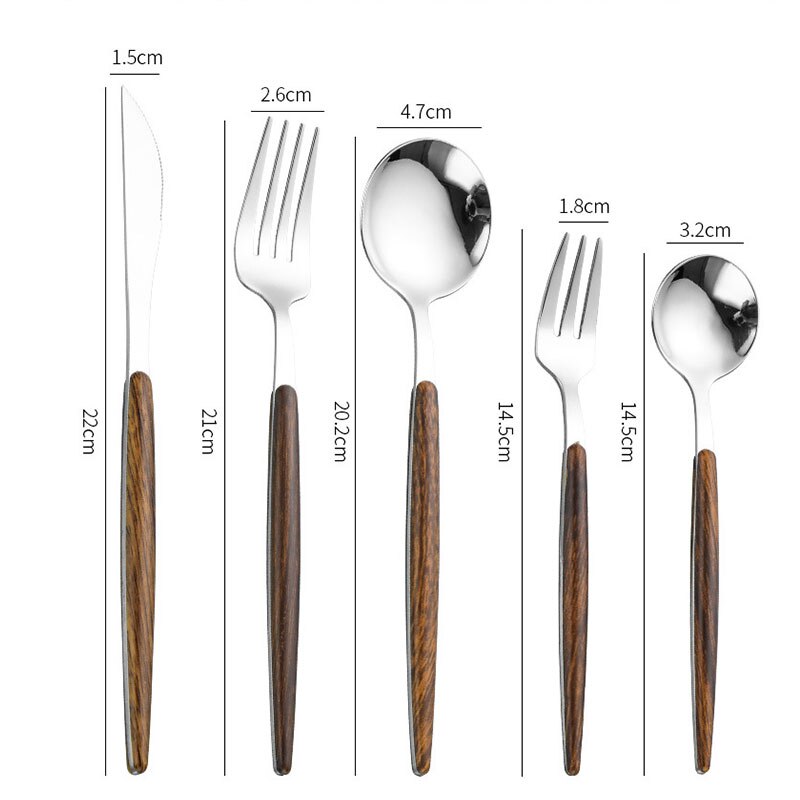 Visuell touch lyxigt silver bestick trähandtag guld silver middag bestick set dessert sked gaffel kniv uppsättningar för hemmet kommersiella