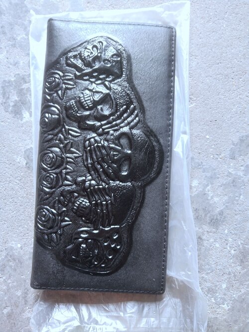 Punk Style Rose Ghost Head Embossed Wallet for Men Gothic Black Leather Wallet Short Vintage Skull Men's Wallet Purse: long black