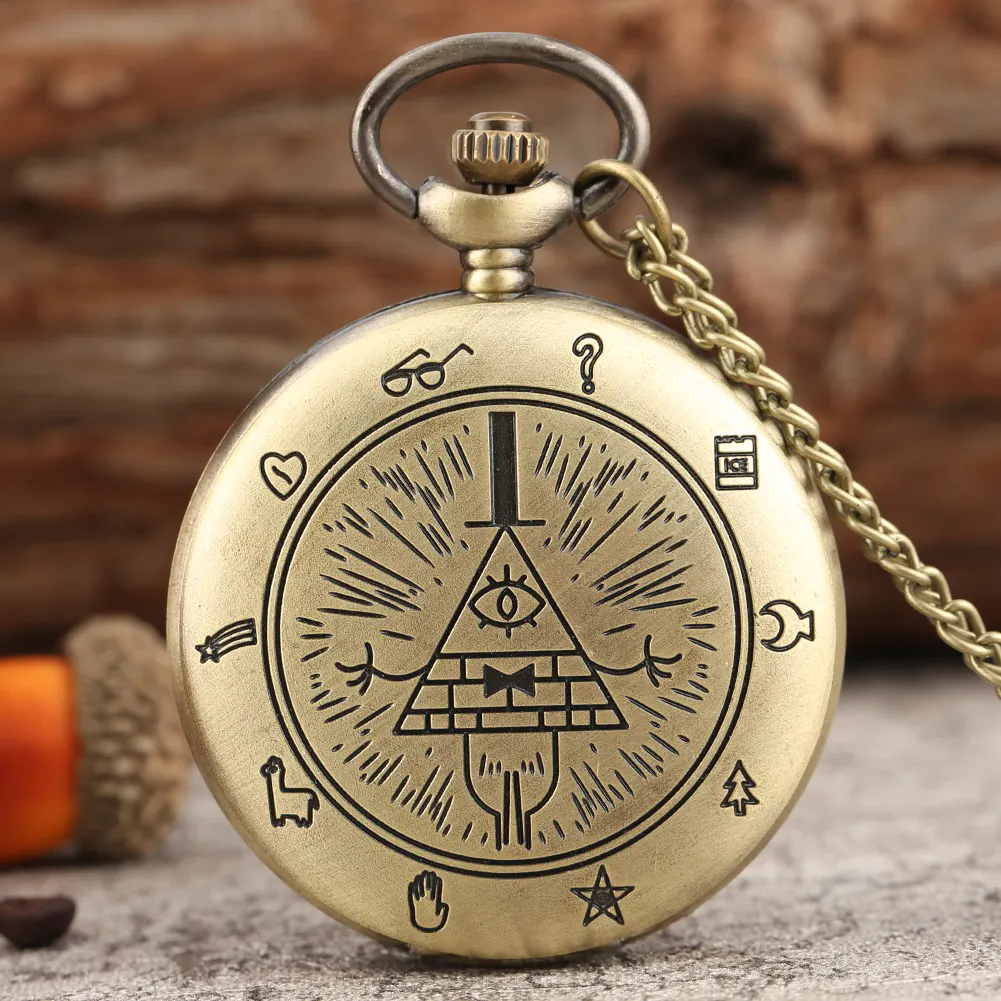 Retro Bronze Necklace Jewelry Chain Clock Quartz Analog Steampunk Bill Cipher Gravity Falls Pocket Watch For Men: Brown