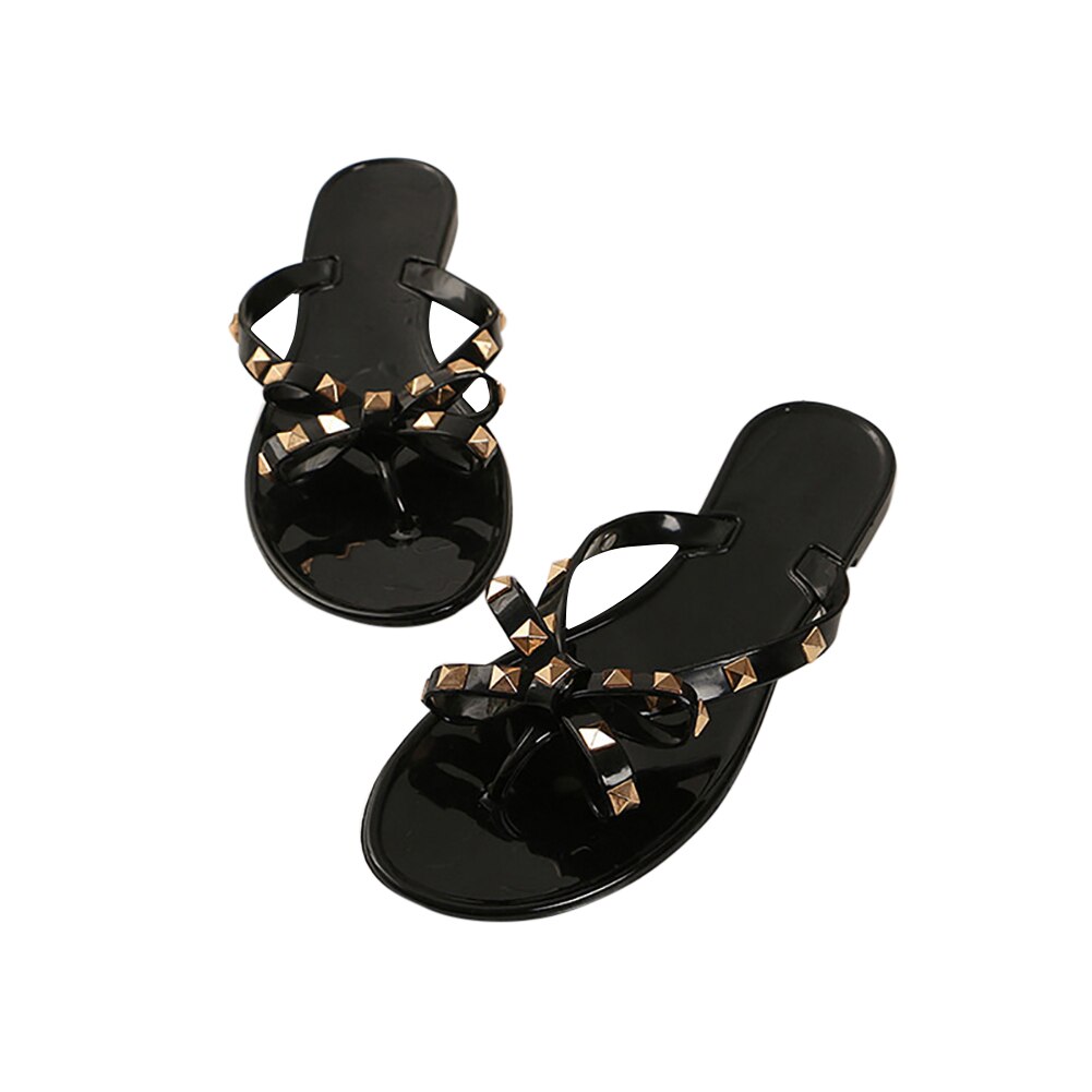 Kvinner sandaler flat jelly sko sløyfe v flip flops stud strandsko sommer nagler tøfler thong sandaler naken: Svart / 41