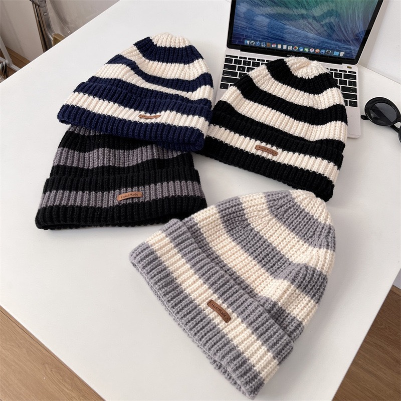 Girl Knitted Beanie Hat Woman Skullies Beanies Winter Warm Hats Bonnet Striped Wool Caps Soft Baggy Beanies gorro