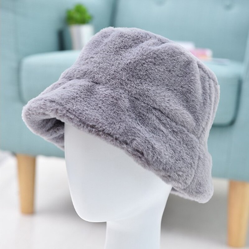 Chique dames hoeden winter reizen gorros pluche imitatiebont brede rand dik warm effen koud emmer pet hoofdaccessoires: Donkergrijs