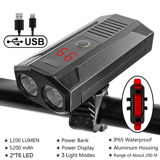 NEWBOLER-faro delantero para bicicleta de montaña, linterna de 1200 lúmenes, batería externa de 5200mAh, recargable vía USB, resistente al agua IPX5