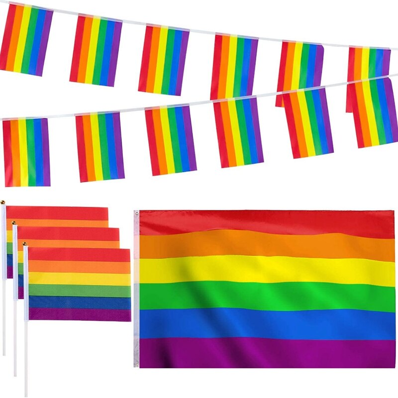12 Pack Gay Pride Regenboog Vlag Set Grote Vlag Banners Bunting Vlaggen En Kleine Hand Vlag Met Sticks Voor Party parade: Default Title