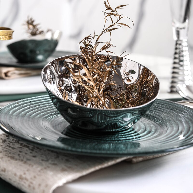 Modern Sales Office Cafe Restaurant Western Tableware Set Glass Plate Dinner Plate Round White Marble Tray Dining Table Ornament