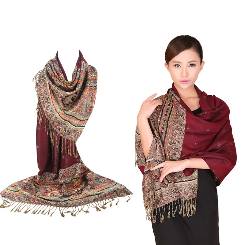 Vinröd färg kinesiska kvinnors pashmina hijab chal höst vinter bi halsdukar sjal tofs bufanda 011506