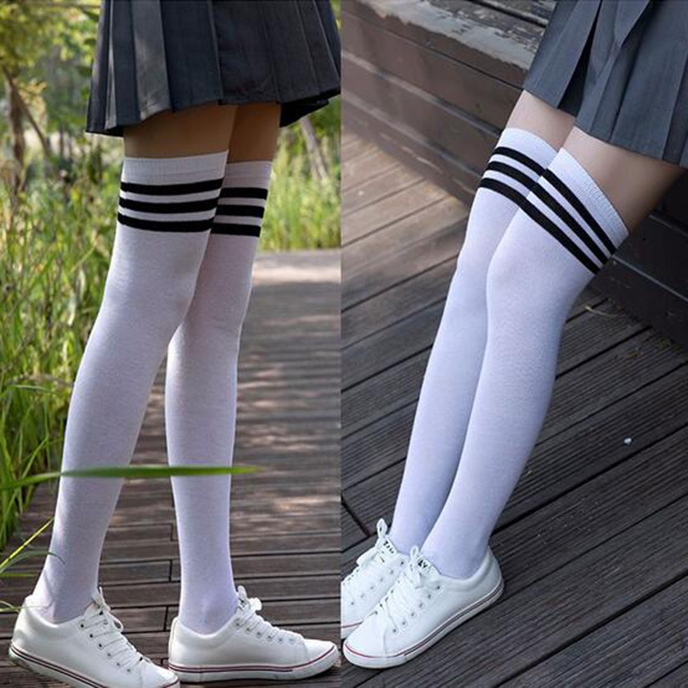 1 Pair Thigh High Over Knee High Socks For Girls Womens Students Striped Cotton Long Stockings calcetines mujer