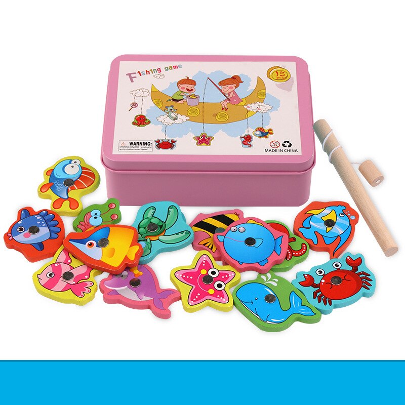 15Pcs Fish Wooden Magnetic Fishing Toy Set Baby Educational Toys Fish Game Educational Fishing Toy with Box: pink