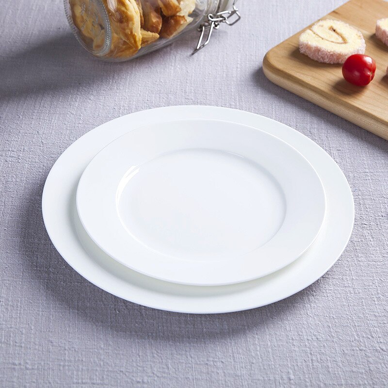 Pure White Bone China Plate Ceramic Flat Plate Shallow Dish Household Hotel Supplies Steak Pasta Plate Round Tableware