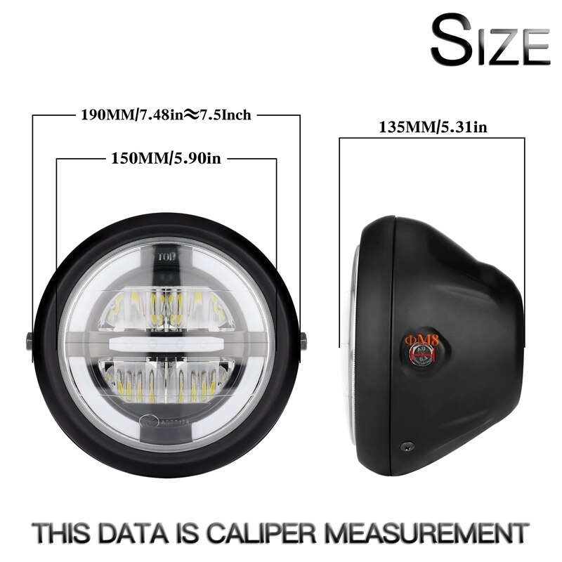12V Universele Motorcycle Head Light Lamp 7.5 Inch Motorbike Refit Koplamp Zwarte Ronde Vergadering