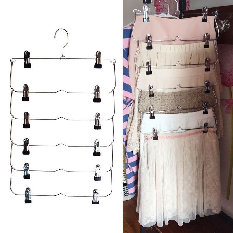 6 Layer Rok Broek Hanger Droogrek voor Broek Non Slip Anti-roest Metalen Hanger Clips met 12 Clips verstelbare Opbergrek