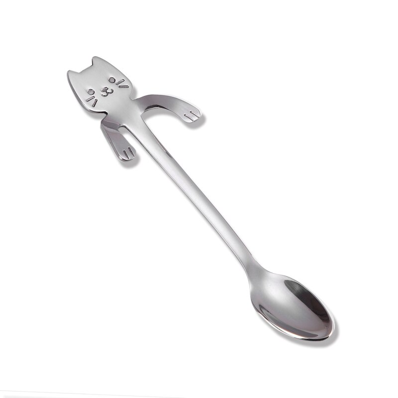 Stainless Steel Cute Cat Spoon Hanging Coffee Milk Stirring Spoons: 1silver