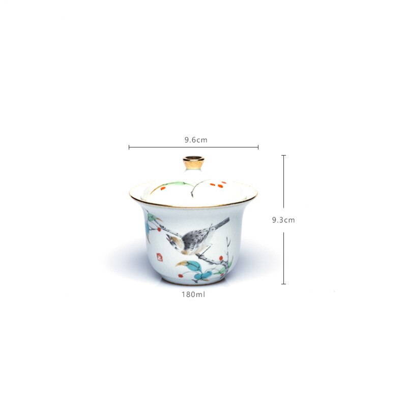 Gardon Bird Gaiwan Antique Kiln Tea Tureen Hand-painted Bird Pattern Tea Cup With Lid Ceramic Enamel Tea Ceremony Accessories