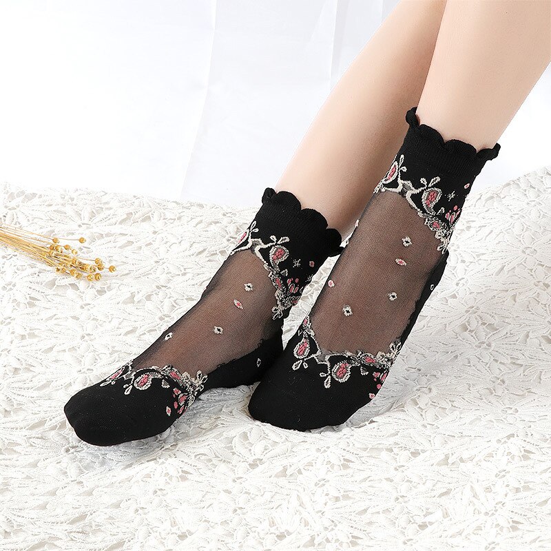 Lace Ruffle Soft Comfy Sheer Silk Socks Elastic Mesh Knit Frill Trim Transparent Ankle Funny Sexy Fishnet Women Socks: 1