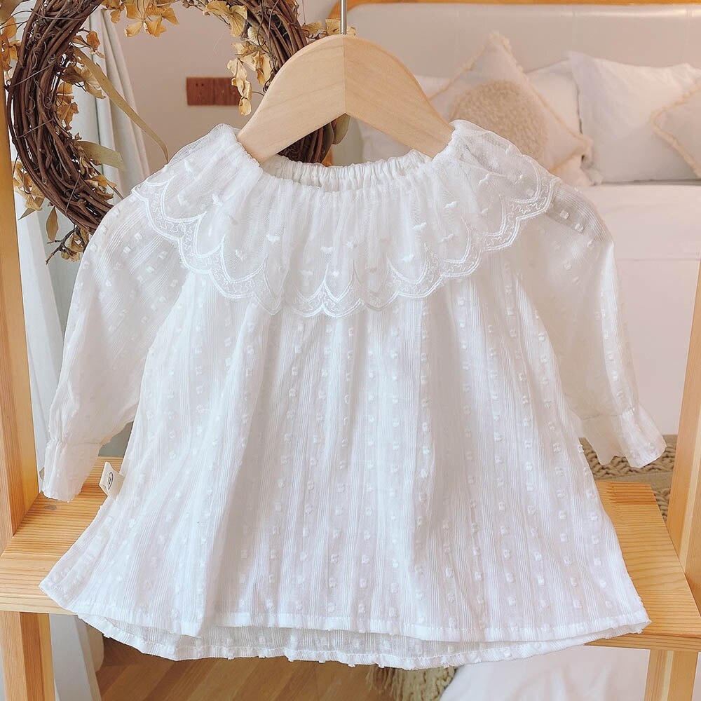 Blusas y Tops para niñas de otoño Amya , blusas blancas de encaje de Color sólido de princesa para niña bebé, Tops de manga larga, ropa para niños de cumpleaños