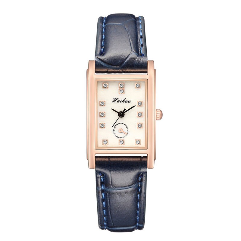 Reloj de correa de cuero fino para mujer, pulsera de mano rectangular con diamantes de imitación, a la , para estudiantes: blue