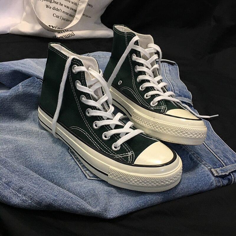 Green High Top Men Casual Shoes Harajuku Lovers Casual INS Pave College Canvas Shoes Unisex Flats