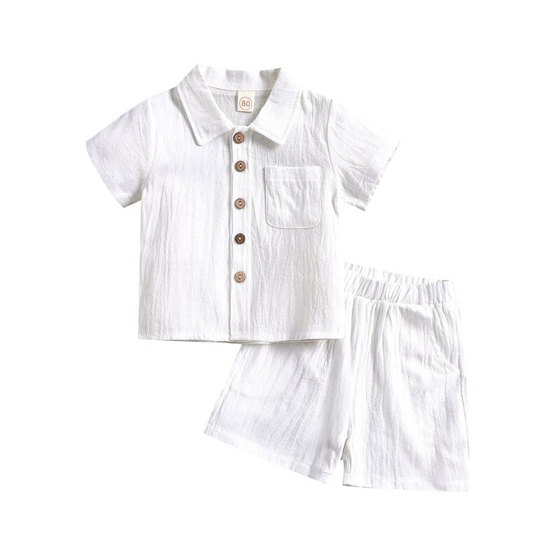 Blotona 2Pcs Little Boys Outfit, Toddlers Summer Solid Color Lapel Short Sleeve Single-breasted Shirt Tops +Elastic Waist Shorts: white / 18M