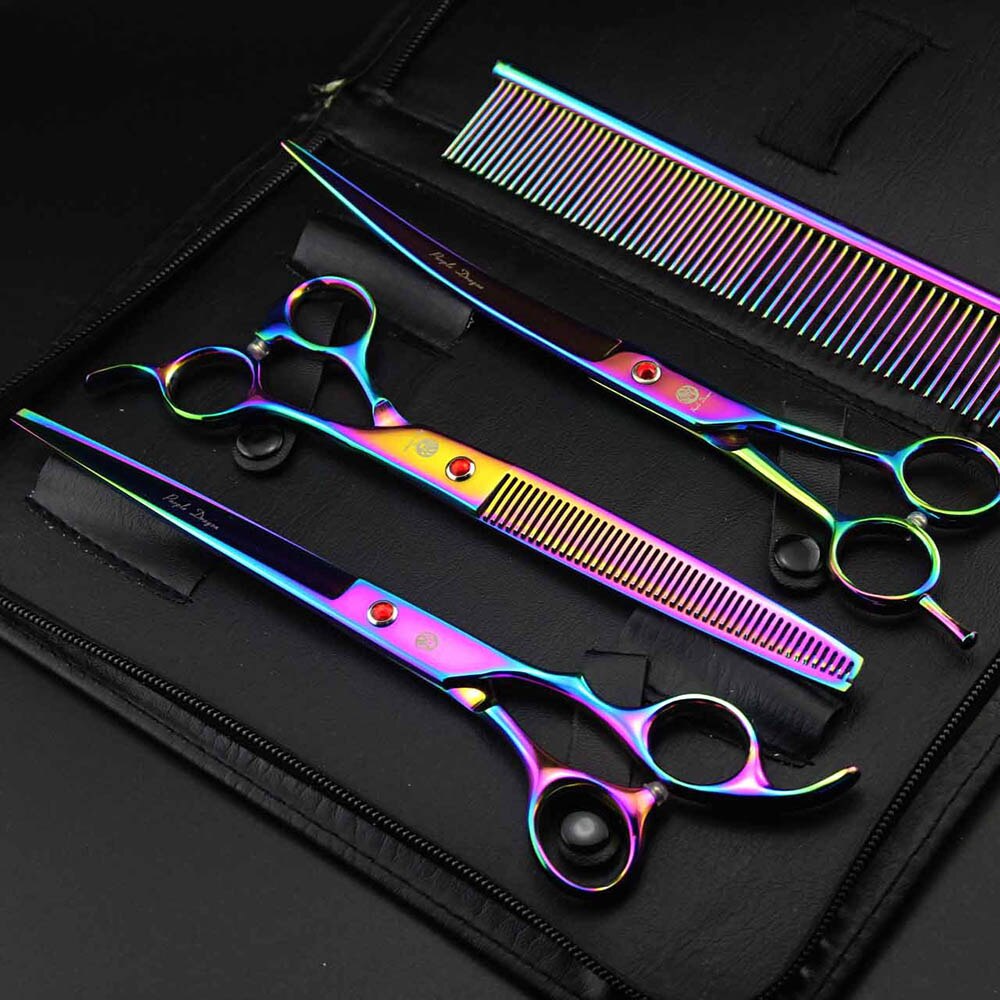 8 Inch Dog Hair Scissors Bent For Dogs Grooming Cat Japan 440C Dog Shears Hair Cutting Thinning Curved Scissor Set: Rainbow