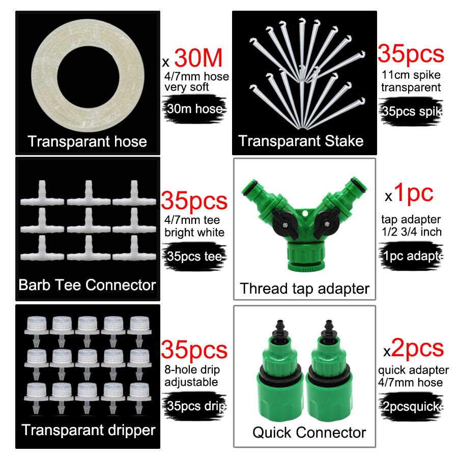 MUCIAKIE 50M 30M 25M White Transparent Micro Drip System Garden Watering Kits w/ Adjustable Drippers w/ Spike Tee Tap Connecters: AB658Cx30m