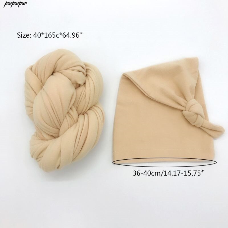 Envoltura elástica para bebé + sombrero accesorios de fotografía recién nacido Color sólido suave accesorios para sesiones fotográficas infantiles: Beige