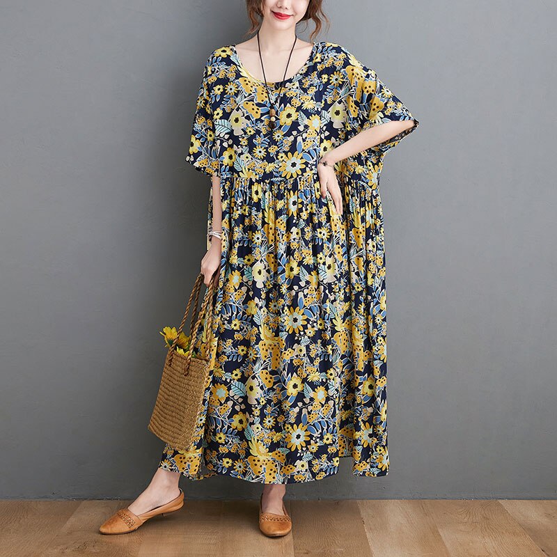 DIMANAF Summer Dress Women Prairie Chic Plus Size Dress Flowers Print Lady Vestidos Sundress Maxi Dress Oversized: tao-huang