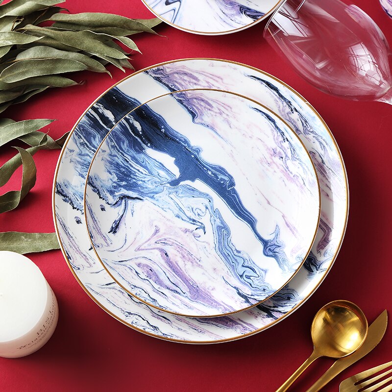 Purple Marbled Dinnerware Set Golden Ceramic Mug Dinner Plate Pasta Dishes Afternoon Tea Salad Dessert Plate Coffee Cup Saucer