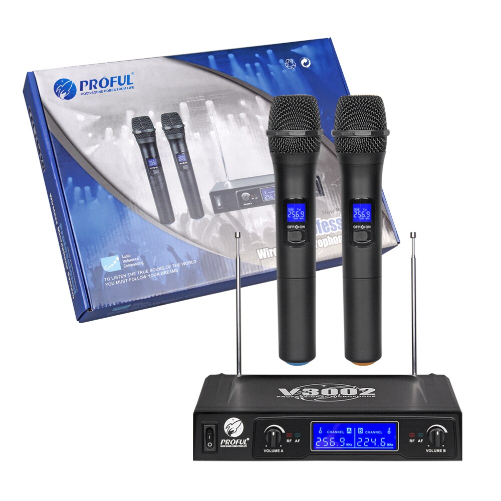 PROFUL V3002 VHF Wireless Microphone System with 2 Handheld Cordless Mic for Speech Karaoke Microphone