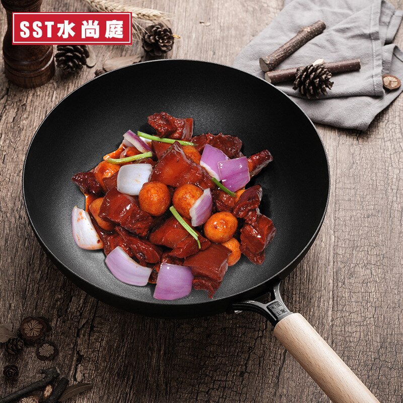 Precision iron wok flat bottom non-stick pan without oil smoke gas stove induction cooker universal