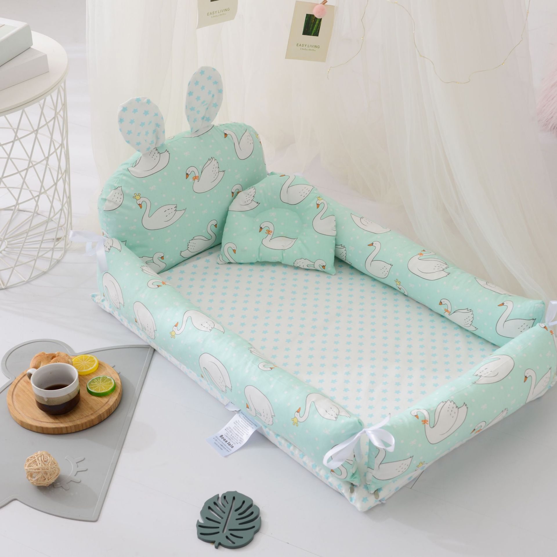 Babynest säng spjälsäng bärbar avtagbar ventilerande och tvättbar spjälsäng resesäng för barn spädbarn bomullsvagga: Svangrön