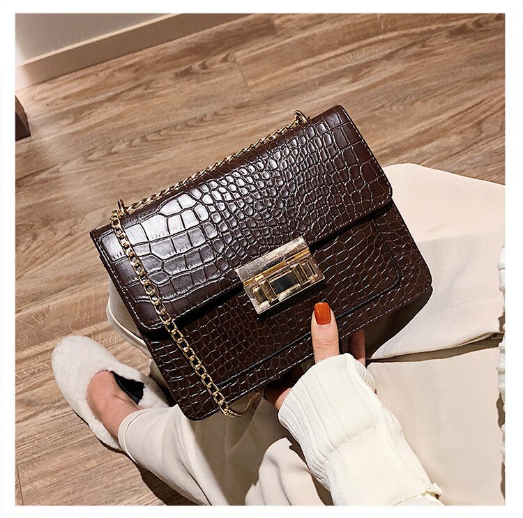 Retro Crocodile Pattern Shoulder Bags For Women PU Crossbody Bag Solid Color Small Square Bag Ladies Portable Handbags: brown