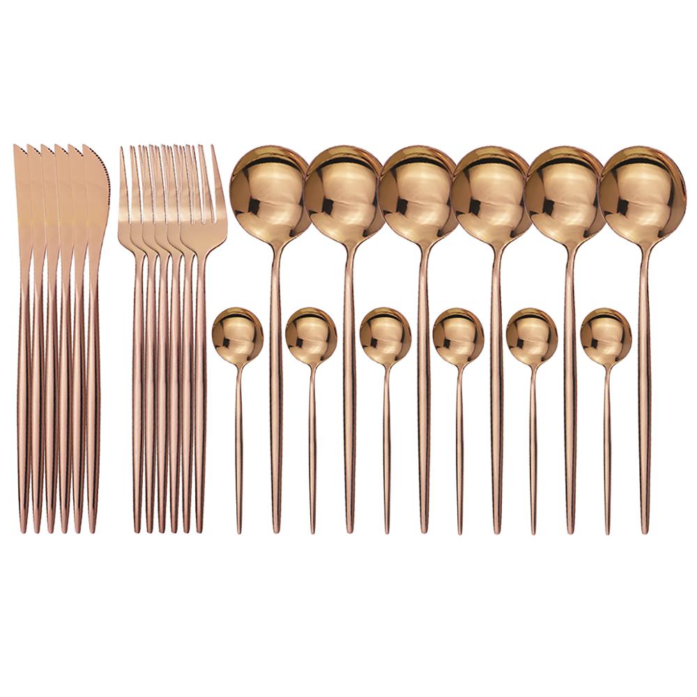 24Pcs/set Rose Gold Cutlery Set 18/10 Stainless Steel Dinnerware Set Knives Forks Spoons Dinner Set Kitchen Tableware Silverware