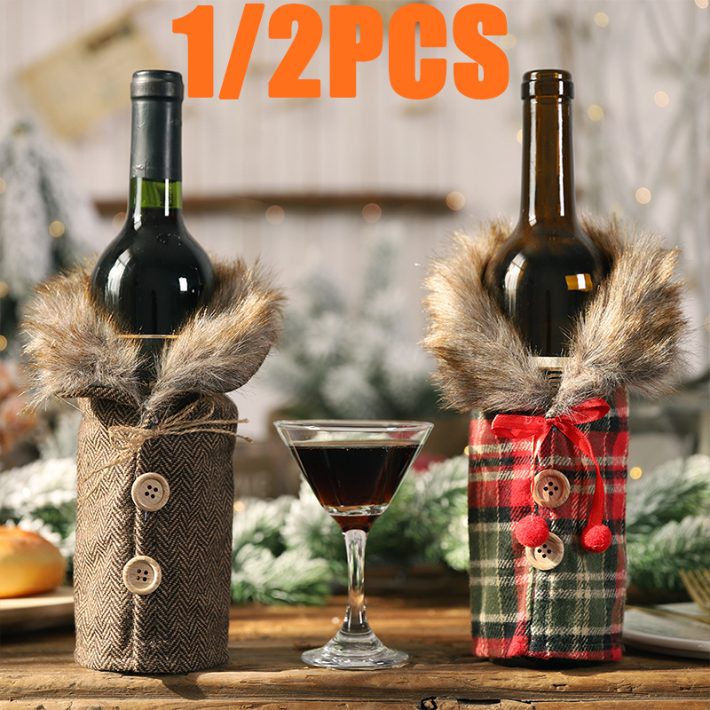 1/2PC Christmas Wine Bottle Cover Party Dining Table Wine Bottle Decoration Striped Checkered Wine Bottle Cover Home Table Decar