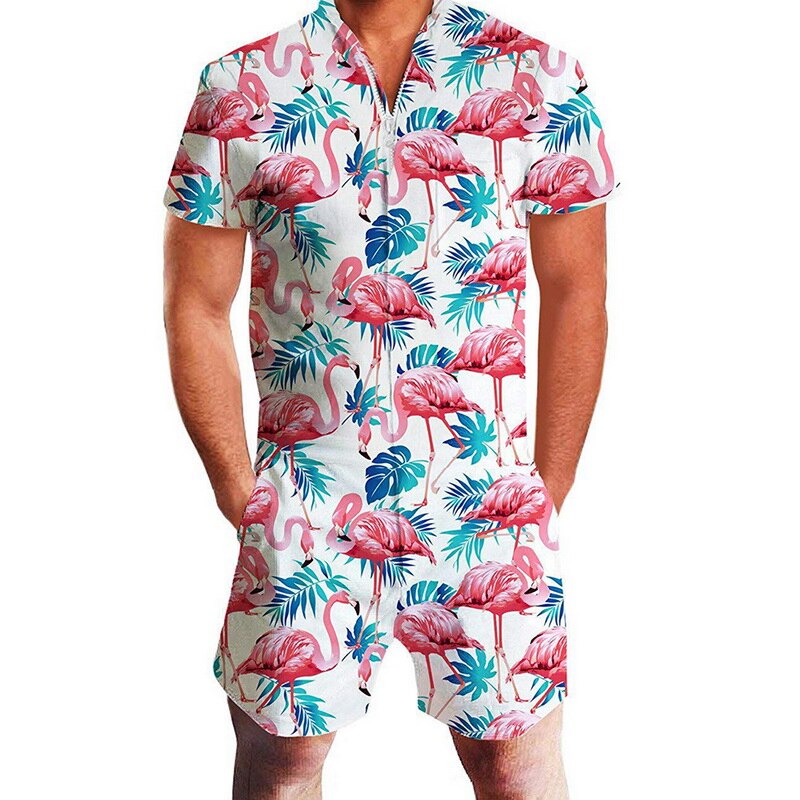 Mannen Jumpsuit Korte Mouw Sets Zomer Casual Button Jumpsuits Overalls Flamingo Pinapple Print Casual Kleding Mono Hombre: Rood / XXXL
